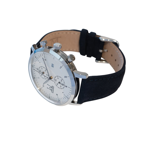 44M2 - White with Silver Case and Blue Suede Strap