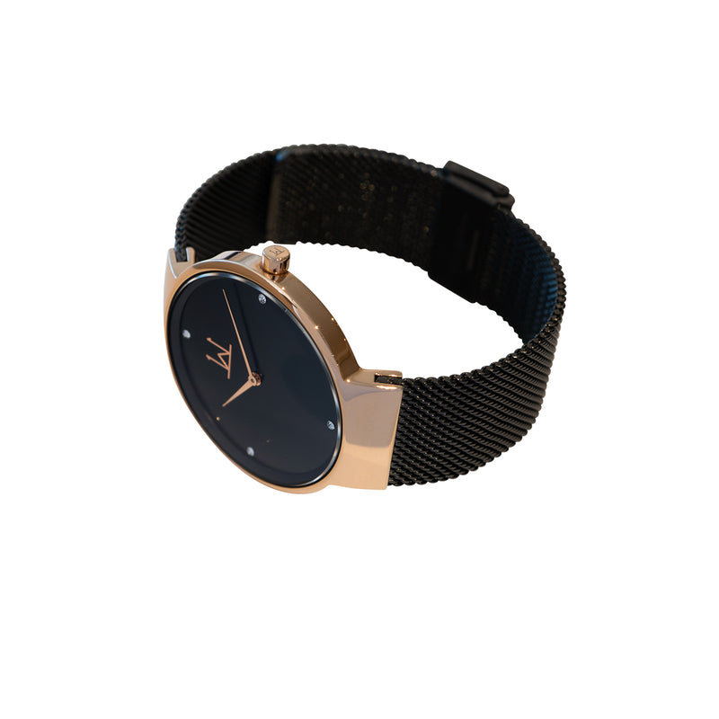 39W1 - Black with Rose Gold Case and Black Metal Mesh Strap