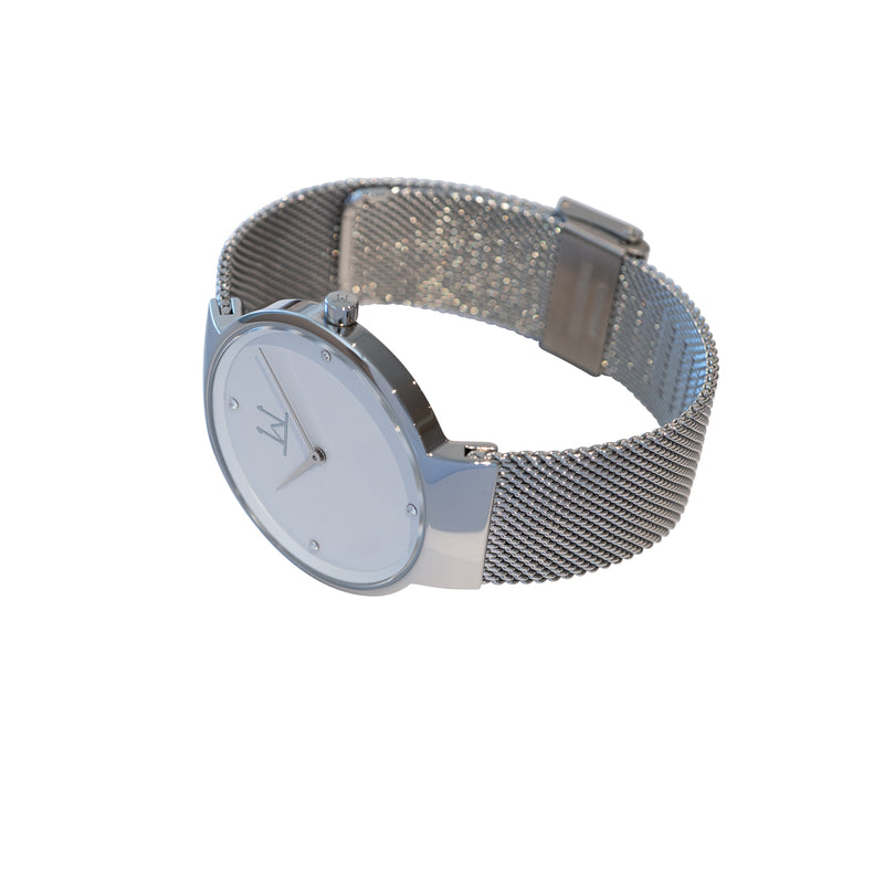 39W1 - White with Silver Case and Metal Mesh Strap