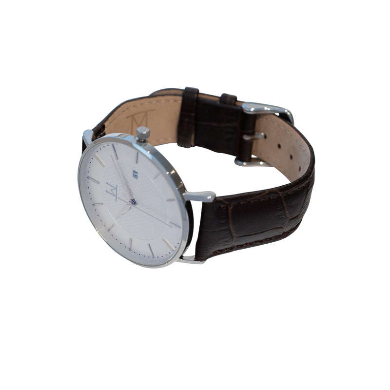 40W3 - White with Silver Case and Brown Croc Style Leather Strap