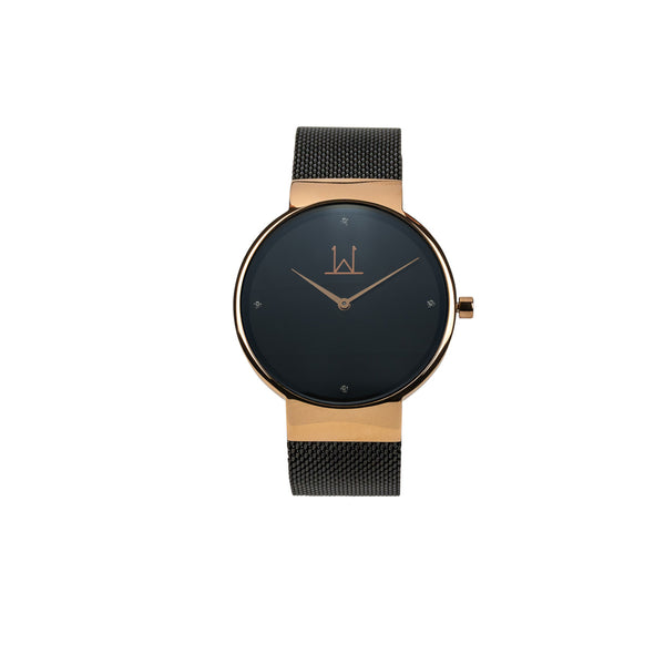 39W1 - Black with Rose Gold Case and Black Metal Mesh Strap